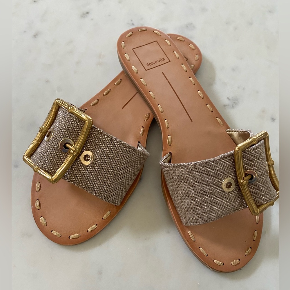 Dolce Vita Women's metallic gold Slide Sandals with Gold Buckle